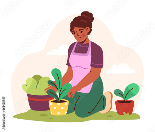 Woman gardening concept. Young girl with plants inside flowerpots. Agriculture and horticulture, botany. Template and layout. Cartoon flat vector illustration isolated on white background