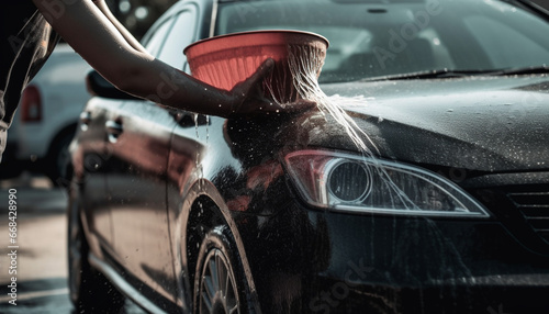 Dirty car washed by hand in rainy city traffic jam generated by AI © Stockgiu