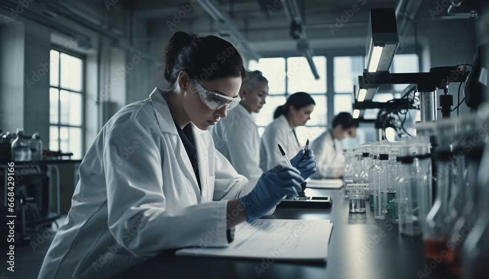 Scientist team analyzing liquid using biochemistry equipment indoors for research generated by AI Scientist team analyzing liquid using biochemistry equipment indoors for research generated by AI