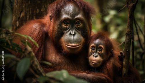 Young primate looking cute in tropical rainforest, endangered orangutan portrait generated by AI © Stockgiu