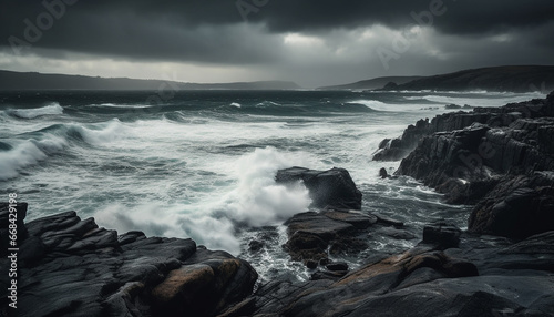 Breaking waves crash against rocky coastline under dramatic sky at dusk generated by AI