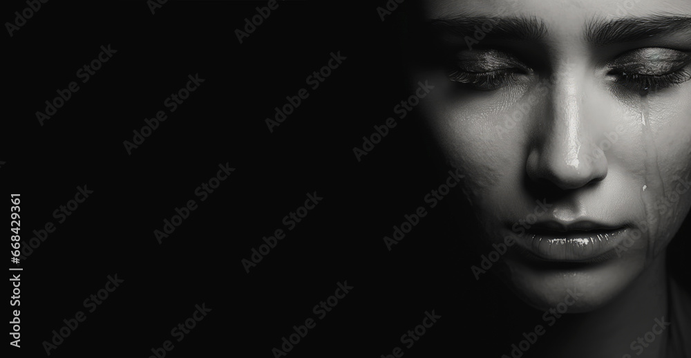 black and white portrait of a woman cry - obrazy, fototapety, plakaty 