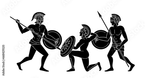 Greek culture black scene. Three men with shields and spears. History and creativity of ancient civilization. Army and warriors. Cartoon flat vector illustration isolated on white background