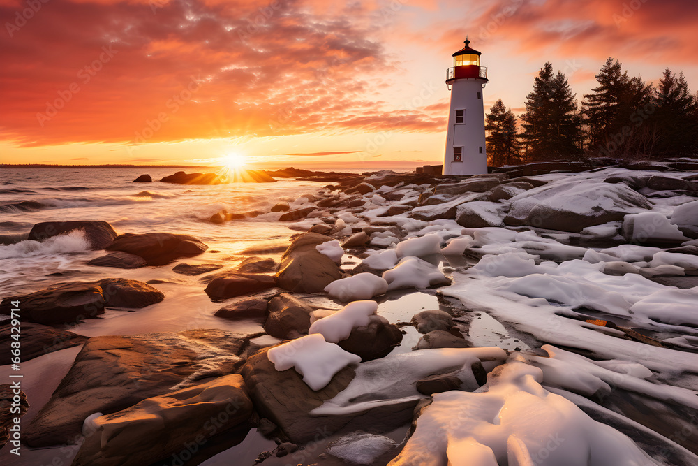 Snowy Cove Lighthouse at Sunset, the combination of snow and sunset creates a picturesque winter scene, with a distinct framing approach to showcase.