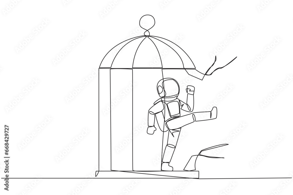Single one line drawing astronaut trapped in the cage kick the caged until wrecked. Freedom of expression for the smooth running of business. Distractions. Continuous line design graphic illustration Single one line drawing astronaut trapped in the cage kick the caged until wrecked. Freedom of expression for the smooth running of business. Distractions. Continuous line design graphic illustration