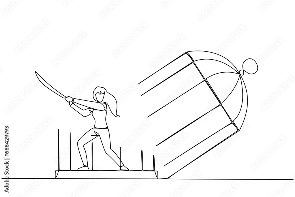Continuous one line drawing businesswoman trapped in cage holds samurai. Expression of anger over the limitations that shackle. Seek freedom at any cost. Single line draw design vector illustration