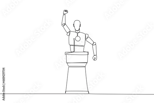 Continuous one line drawing robotic speak at the podium by clenching fists at head height. Doing oration. Leadership concept. Burning the spirit. AI tech. Single line draw design vector illustration