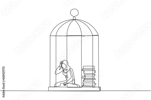 Single one line drawing Arabian businesswoman trapped in cage sitting down frustrated. Stress with piling up unfinished work until close to deadline. Exhausted. Continuous line graphic illustration