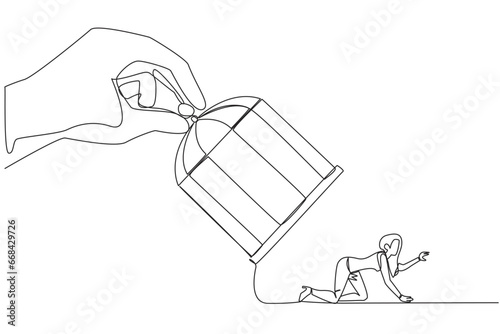 Continuous one line drawing big hand holds the cage want to catch crawling businesswoman. Losing streak. Lost on all fronts. Helpless businessman. Bankrupt. Single line draw design vector illustration