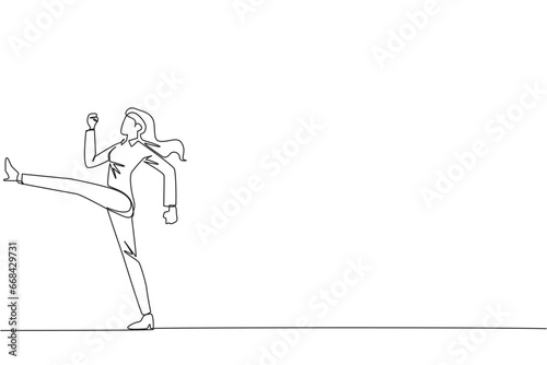 Single one line drawing businesswoman doing kicking motion. Stretch before office hours start. A healthy way to stay focused on doing business. Disciplined. Continuous line design graphic illustration