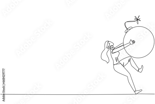 Single one line drawing young businesswoman carrying bomb with a burning fuse. The concept of keeping danger away from the business environment to survive. Continuous line design graphic illustration