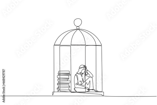 Continuous one line drawing Arabian businessman trapped in cage sitting down frustrated. Stress with piling up unfinished work until close to deadline. Exhausted. Single line draw vector illustration
