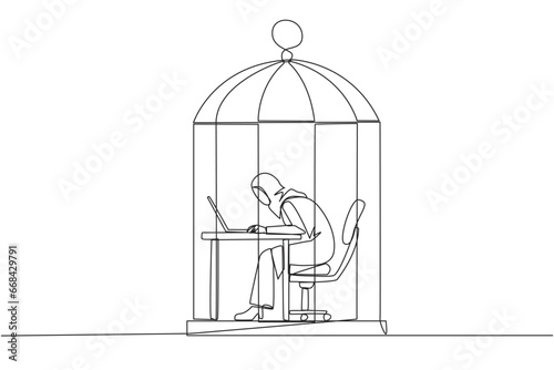 Single continuous line drawing Arabian businesswoman trapped in cage working on laptop. Plan to take annual leave to get away from routine. Workaholic. Overtime. One line design vector illustration