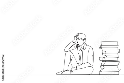 Single one line drawing businessman sitting near piles of work files. Too much work is stressful. Putting off work makes work neglected. Tired, unhappy. Continuous line design graphic illustration