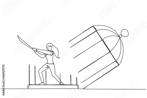 Continuous one line drawing businesswoman trapped in cage holds samurai. Expression of anger over the limitations that shackle. Seek freedom at any cost. Single line draw design vector illustration