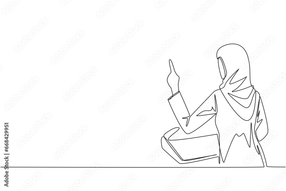 Single one line drawing from back view young Arabian businesswoman speak at podium while lifting index finger. Businessman in Conference Hall present new business. Continuous line graphic illustration Single one line drawing from back view young Arabian businesswoman speak at podium while lifting index finger. Businessman in Conference Hall present new business. Continuous line graphic illustration