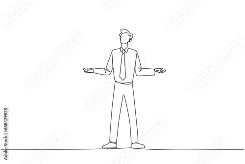 Continuous one line drawing businessman standing straight with open arms. Lonely and sadness businessman lamenting undeveloped business. Unhappy manager. Single line draw design vector illustration