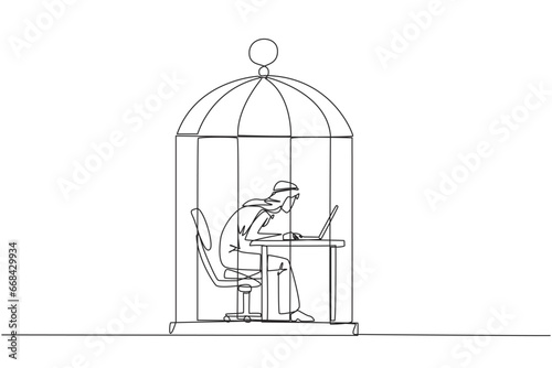 Single one line drawing Arabian businessman trapped in cage working on laptop. Plan to take annual leave to get away from routine. Workaholic. Overtime. Continuous line design graphic illustration