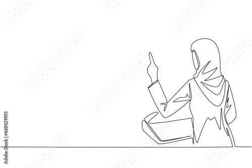 Single one line drawing from back view young Arabian businesswoman speak at podium while lifting index finger. Businessman in Conference Hall present new business. Continuous line graphic illustration