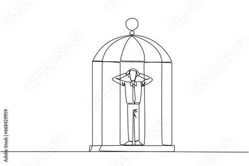 Single continuous line drawing businessman trapped in cage standing frustrated holding head. Anxiety caused can not move freely. Confined. Imprisoned. Can't work. One line design vector illustration
