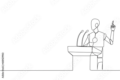 Continuous one line drawing smart robotic speaking at the podium while lifting index finger up. Made a favorable statement for the company. Orator. AI tech. Single line draw design vector illustration
