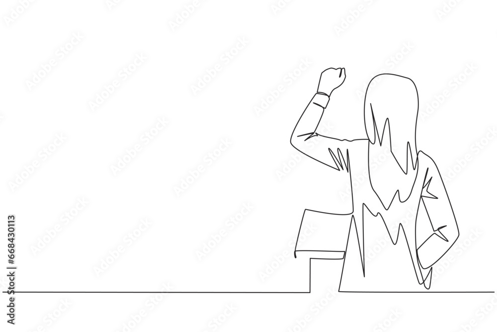 Single one line drawing rear view of a businesswoman speaking at the podium. Raising and clenching hands, she enthusiastically gave financial gain oration. Continuous line design graphic illustration Single one line drawing rear view of a businesswoman speaking at the podium. Raising and clenching hands, she enthusiastically gave financial gain oration. Continuous line design graphic illustration