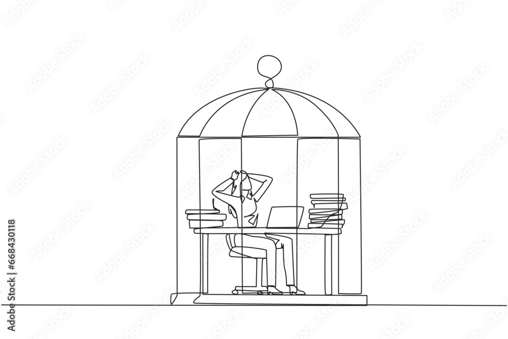 Single one line drawing businesswoman trapped in cage sitting on office chair holding head. Being in routine trap. Tired and irritated with the daily grind. Continuous line design graphic illustration