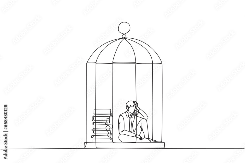 Single continuous line drawing businessman trapped in cage sitting down frustrated. Stress with piling up unfinished work until close to the deadline. Exhausted. One line design vector illustration Single continuous line drawing businessman trapped in cage sitting down frustrated. Stress with piling up unfinished work until close to the deadline. Exhausted. One line design vector illustration