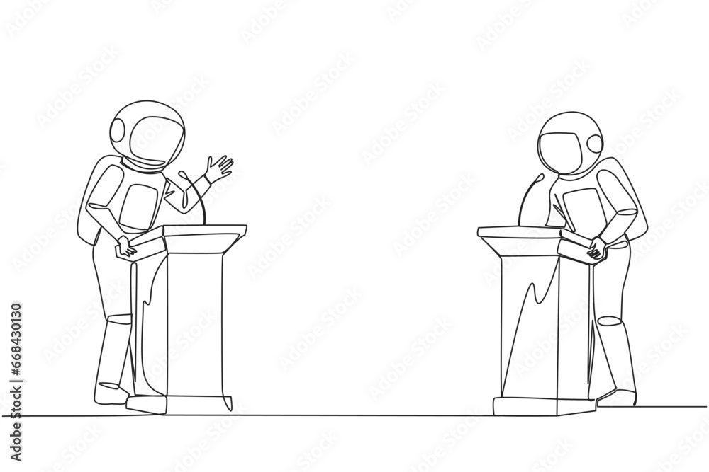 Single continuous line drawing two astronauts arguing on the podium. Throwing opinions on the best way to deal with global warming. Open dialogue. Debating. Argue. One line design vector illustration Single continuous line drawing two astronauts arguing on the podium. Throwing opinions on the best way to deal with global warming. Open dialogue. Debating. Argue. One line design vector illustration