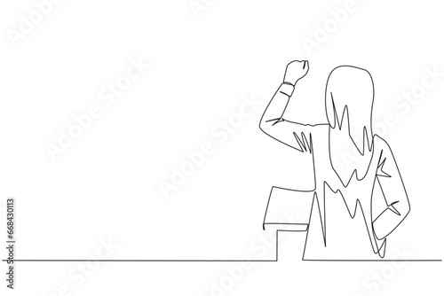 Single one line drawing rear view of a businesswoman speaking at the podium. Raising and clenching hands, she enthusiastically gave financial gain oration. Continuous line design graphic illustration