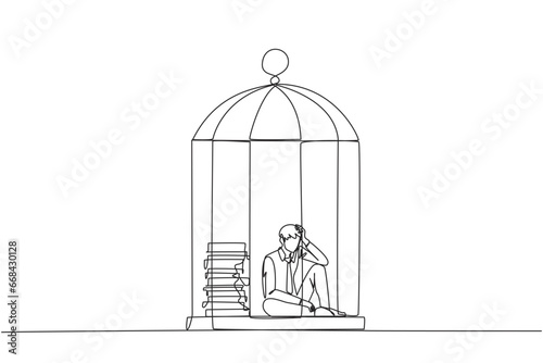 Single continuous line drawing businessman trapped in cage sitting down frustrated. Stress with piling up unfinished work until close to the deadline. Exhausted. One line design vector illustration