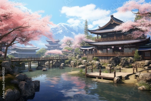 Serene tea garden with traditional huts, koi ponds, and cherry blossom trees.