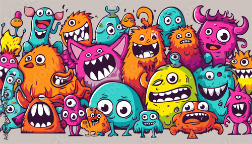 Doodle of Colorful Cute Monster. Background. Vector Art Illustration 