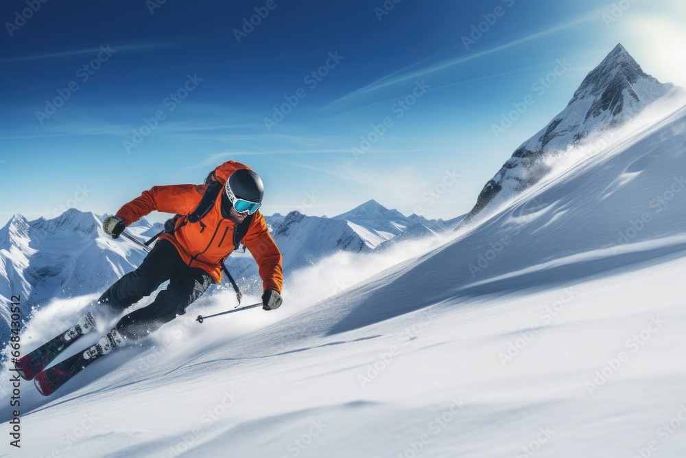Skier racing down a snowy slope with alpine scenery.