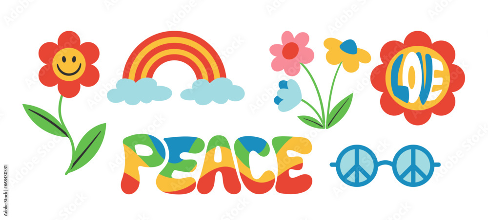 Hippie stickers set. Retro style, back to 80s and 90s. Flower, rainbow and peace inscription. Graphic elements for website. Cartoon flat vector collection isolated on white background