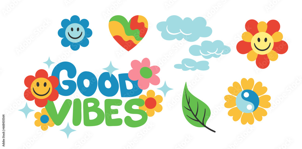 Hippie stickers set. Retro style, back to 80s and 90s. Flower, heart and good vibes inscription. Graphic elements for website. Cartoon flat vector collection isolated on white background Hippie stickers set. Retro style, back to 80s and 90s. Flower, heart and good vibes inscription. Graphic elements for website. Cartoon flat vector collection isolated on white background