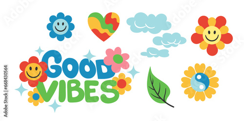 Hippie stickers set. Retro style, back to 80s and 90s. Flower, heart and good vibes inscription. Graphic elements for website. Cartoon flat vector collection isolated on white background