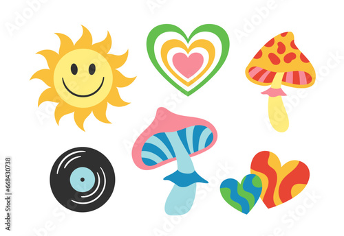 Hippie stickers set. Retro style, back to 80s and 90s. Sun, colorful hearts and mushrooms. Graphic elements for website. Cartoon flat vector collection isolated on white background