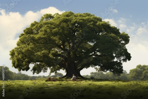 Solitary individual reading a book beneath a large oak tree.