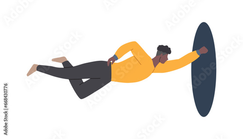 People in hole concept. Man with teleportation and separation. Character with creativity. Graphic element for website. Cartoon flat vector illustration isolated on white background