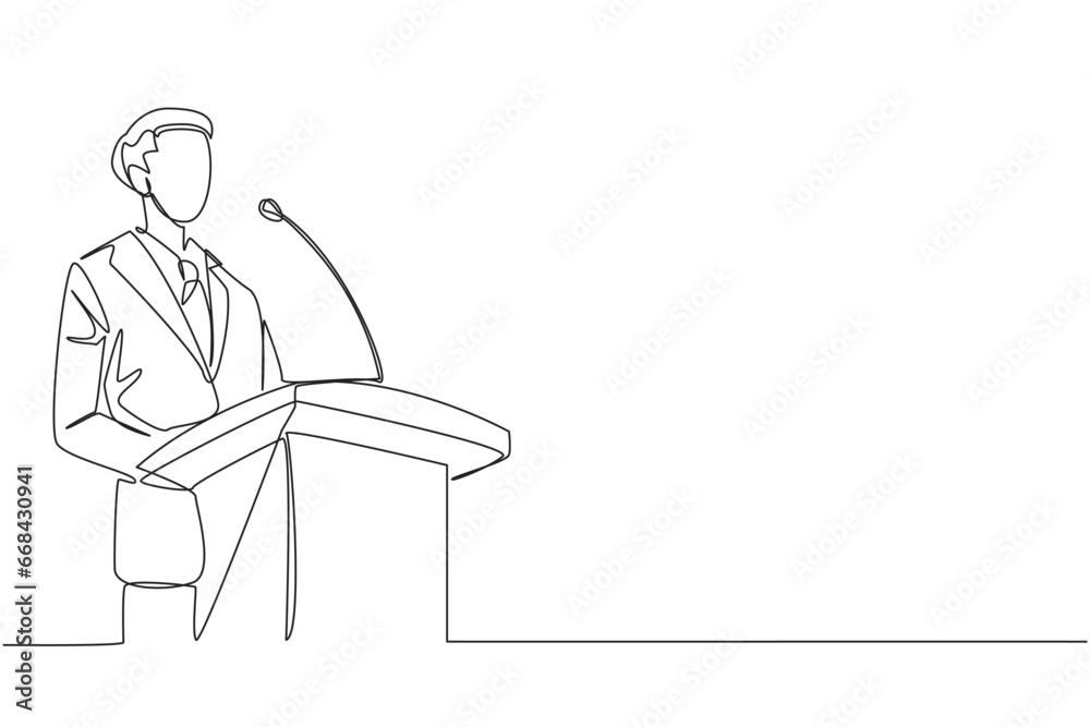 Single continuous line drawing young happy businessman speaking at the podium. Announced greatly improved business balance sheet. A fun speech for all parties. One line design vector illustration Single continuous line drawing young happy businessman speaking at the podium. Announced greatly improved business balance sheet. A fun speech for all parties. One line design vector illustration