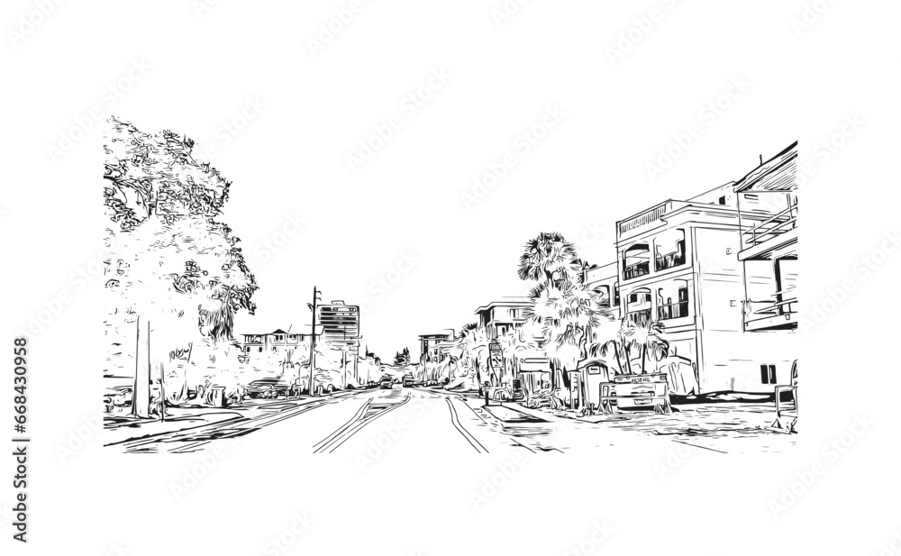 Building view with landmark of Siesta Key is a barrier island in Florida. Hand drawn sketch illustration in vector.