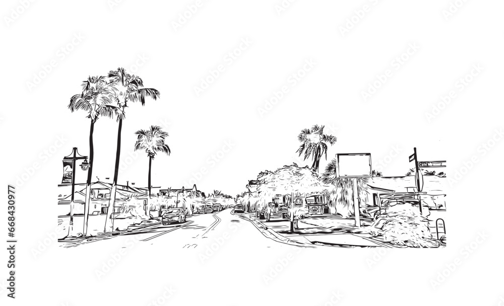 Obraz premium Building view with landmark of Siesta Key is a barrier island in Florida. Hand drawn sketch illustration in vector.