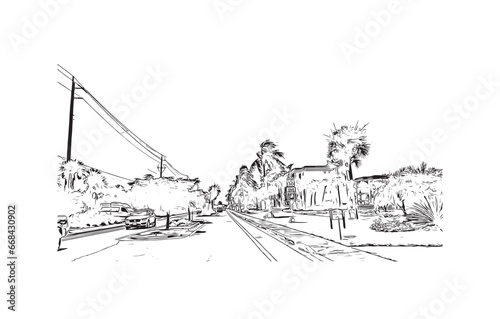 Building view with landmark of Siesta Key is a barrier island in Florida. Hand drawn sketch illustration in vector.