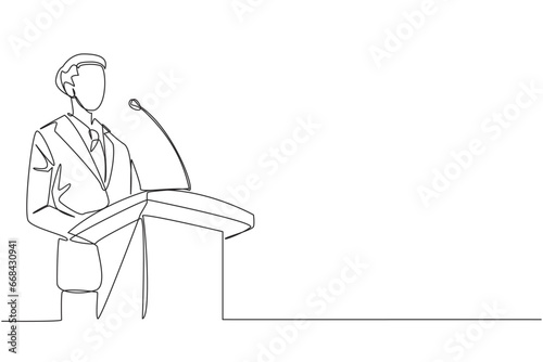 Single continuous line drawing young happy businessman speaking at the podium. Announced greatly improved business balance sheet. A fun speech for all parties. One line design vector illustration