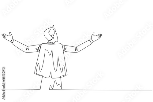Single one line drawing rear view of businessman speaking at the podium while opening hands. Style like successful motivator. Invite to increase business. Continuous line design graphic illustration