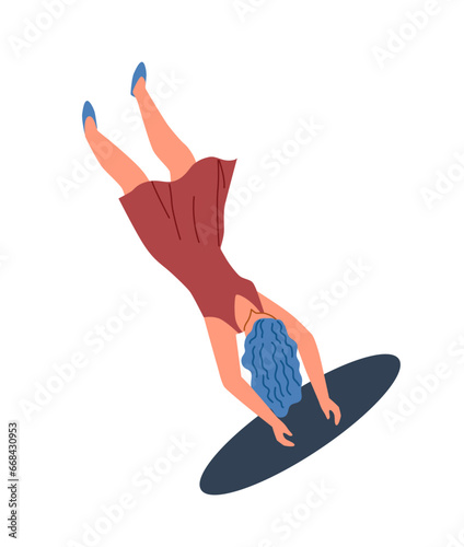 People in hole concept. Woman with teleportation and separation. Young girl in metaverse. Sticker for social networks and messengers. Cartoon flat vector illustration isolated on white background