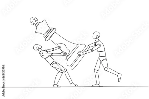 Continuous one line drawing two angry robot fight over the big king chess pieces. The metaphor of scrambling to save a business by helping investors. AI. Single line draw design vector illustration