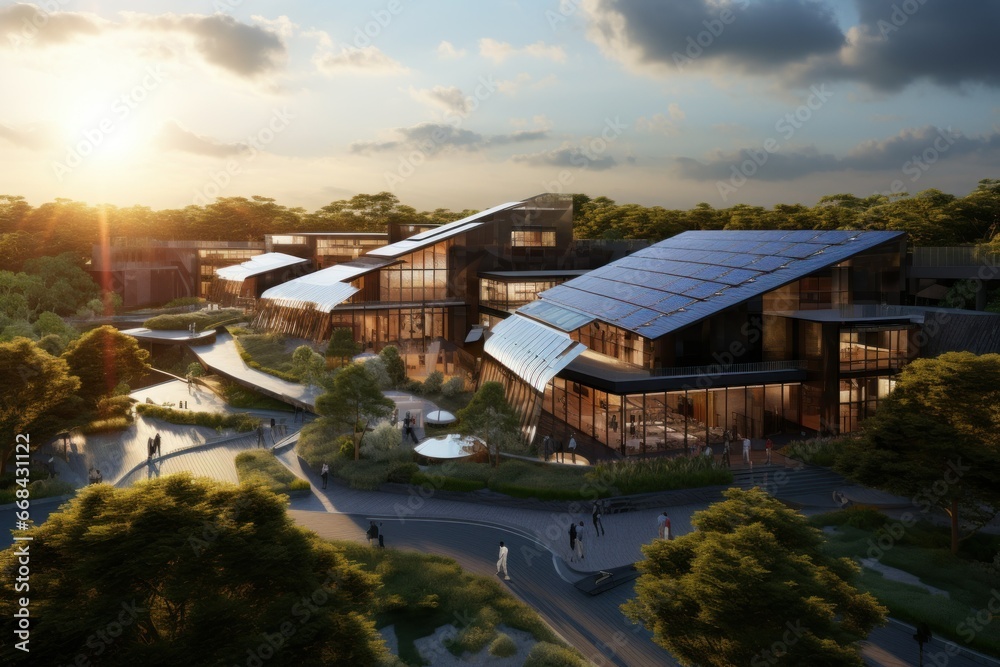Solar-powered tech campus with sustainable design.