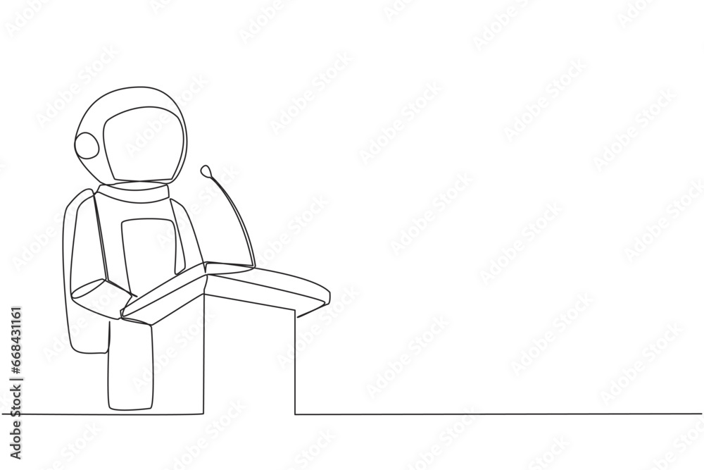 Single continuous line drawing young happy astronaut speaking at podium. Announced greatly improved business balance sheet. A fun speech for all parties. Orator. One line design vector illustration Single continuous line drawing young happy astronaut speaking at podium. Announced greatly improved business balance sheet. A fun speech for all parties. Orator. One line design vector illustration